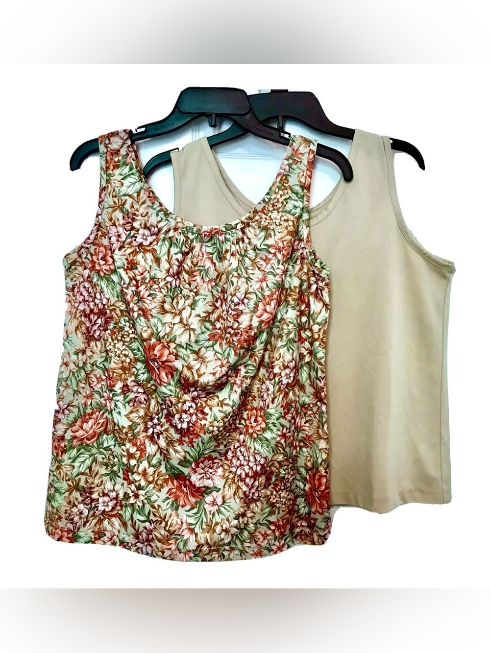 Haband Vintage 1990's Womens Large  Floral & Tan Set of 2 Cottage Core Tank Tops